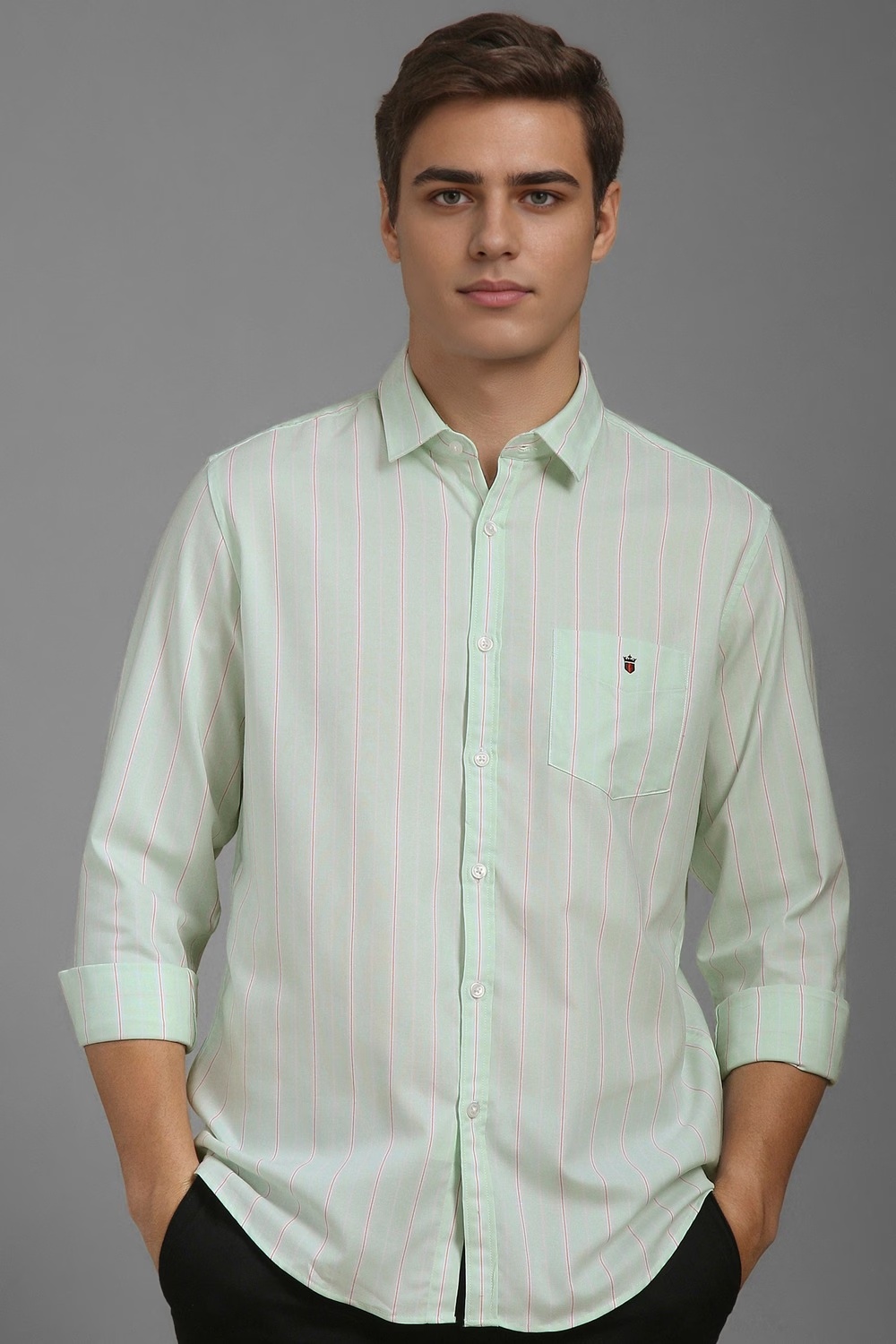 Men Green Slim Fit Stripe Full Sleeves Casual Shirt-Green