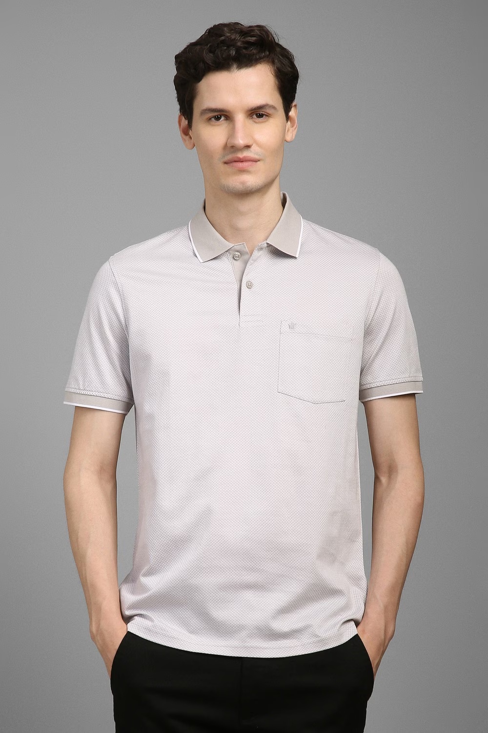 Men Grey Print Polo Neck T-shirt-Grey