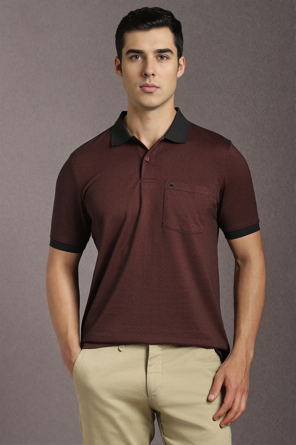 Men Maroon Print Polo Neck T-shirt-Maroon