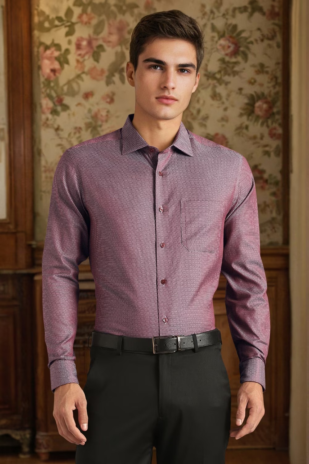 Men Maroon Textured Full Sleeves Formal Shirt-Maroon