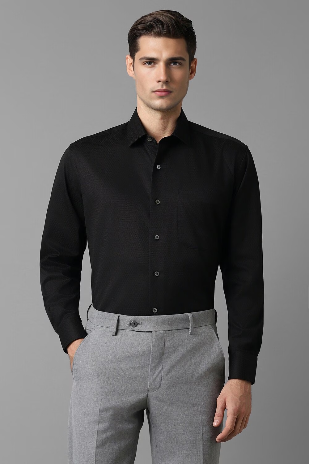 Men Black Classic Fit Textured Full Sleeves Formal Shirt-Black