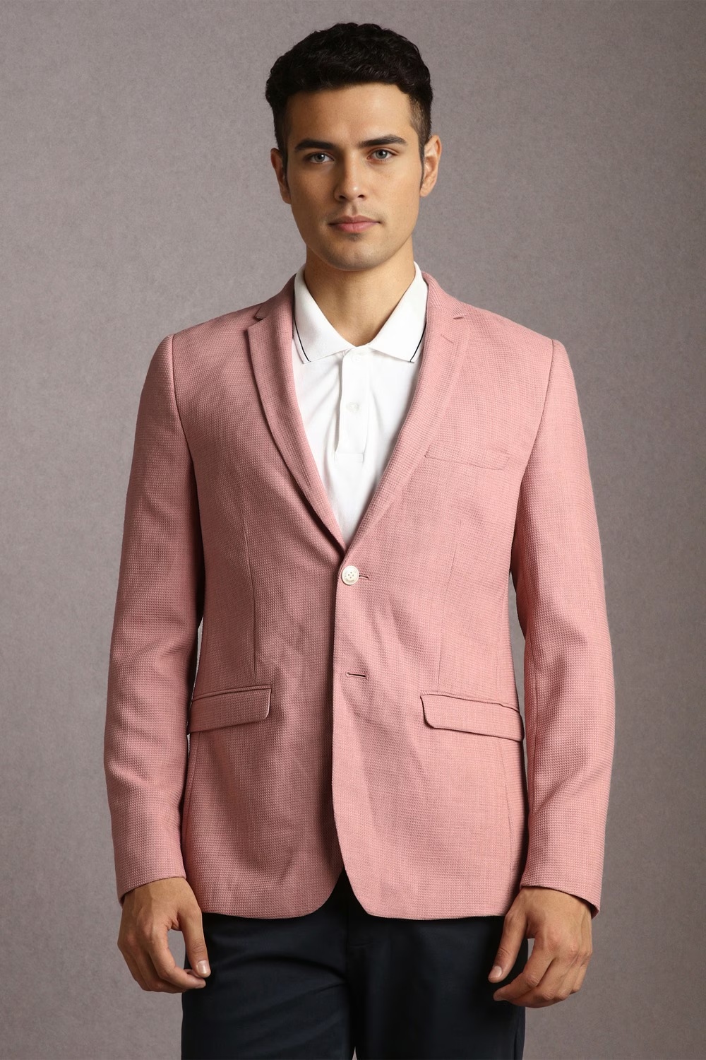 Men Pink Textured Casual Blazer-Pink