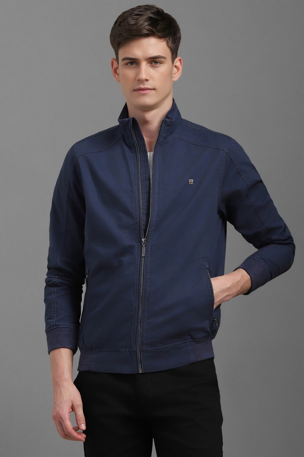 Men Casual Navy Solid Jackets-Navy