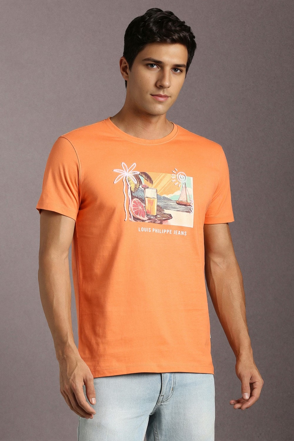 Men Orange Graphic Print Crew Neck T-shirt-Orange