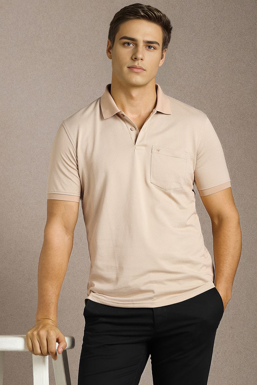 Men Beige Textured Polo Neck T-shirt-Beige
