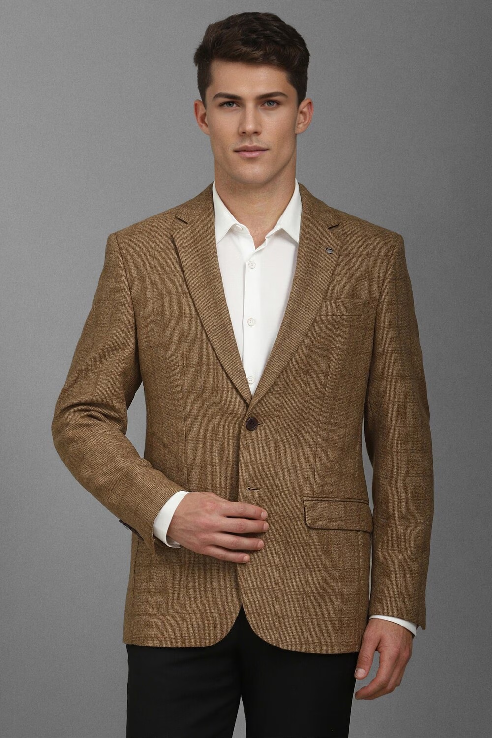 Men Brown Regular Fit Check Formal Blazer-Brown