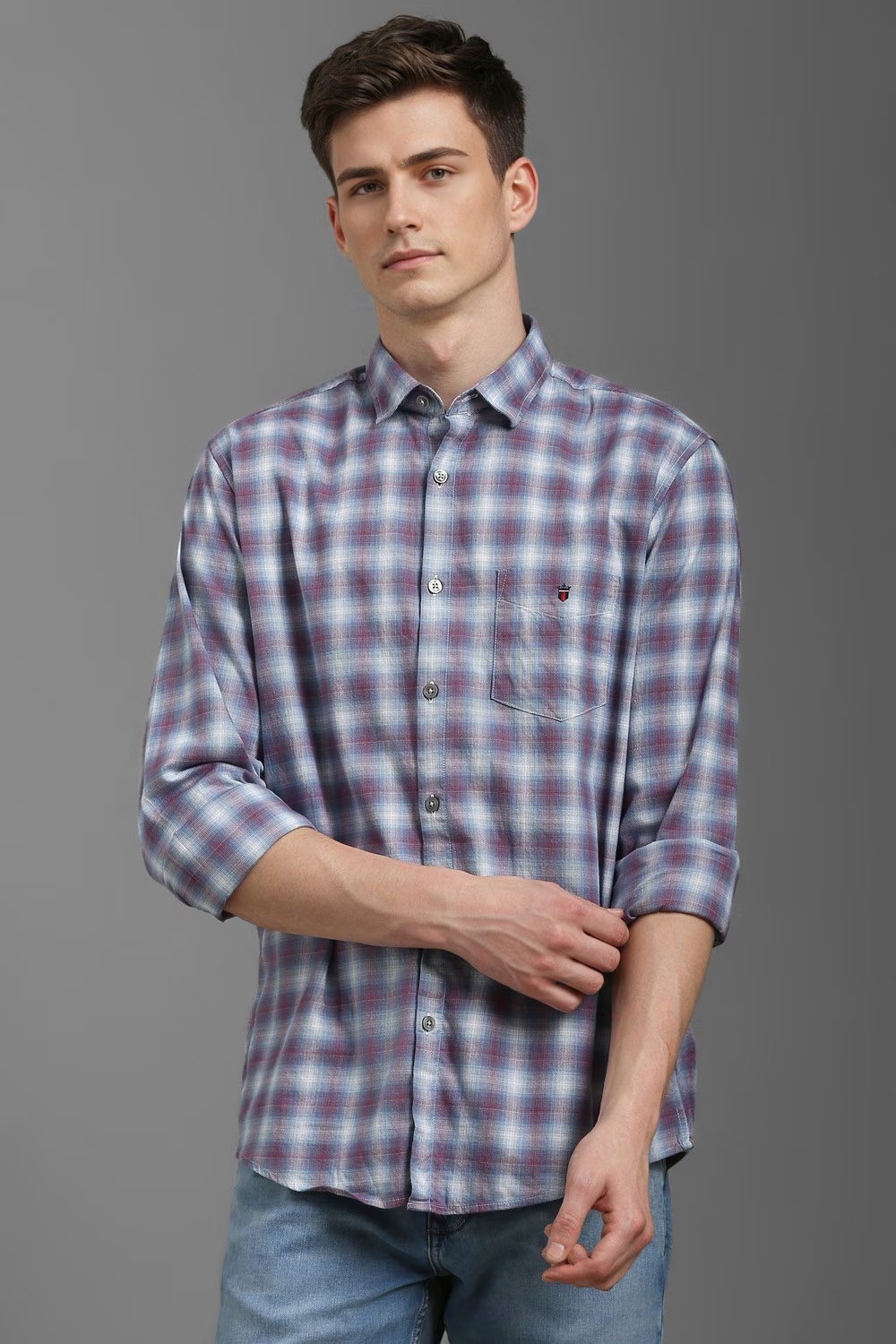 Men Grey Slim Fit Check Full Sleeves Casual Shirt-Grey