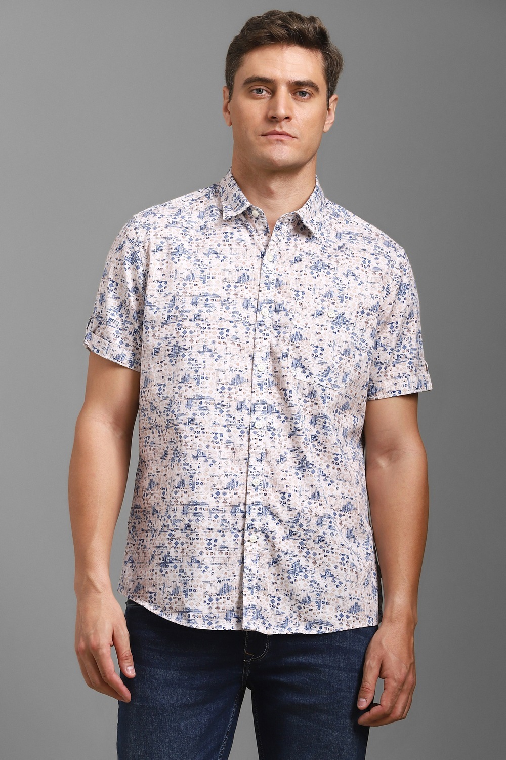 Men White Slim Fit Print Half Sleeves Casual Shirt-White