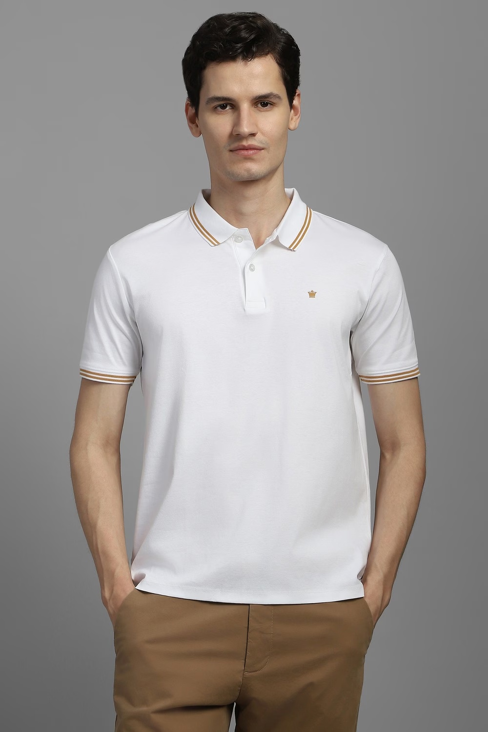 Men White Solid Polo Neck T-shirt-White