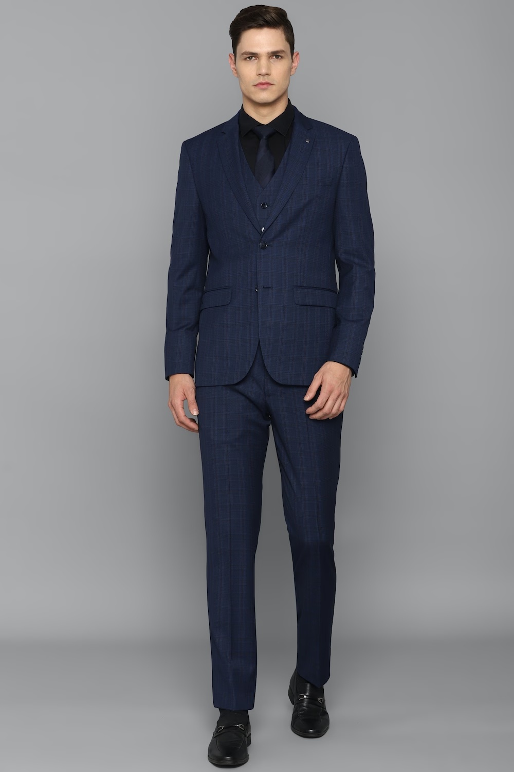 Men Navy Slim Fit Stripe Formal Three Piece Suit-Navy