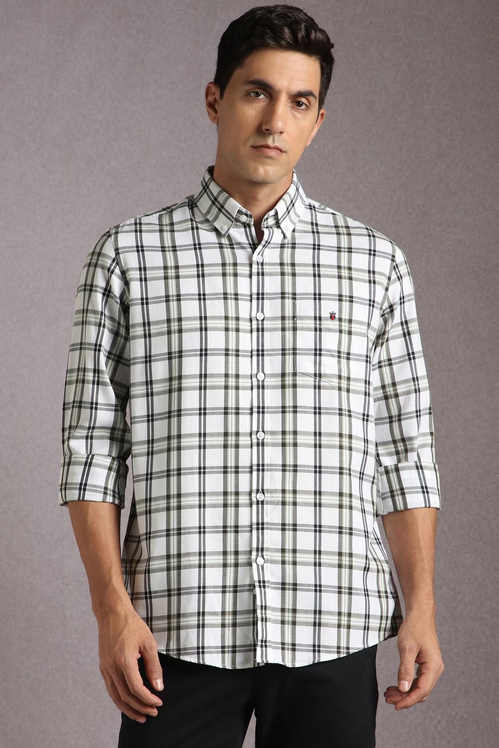Men White Check Full Sleeves Casual Shirt-White