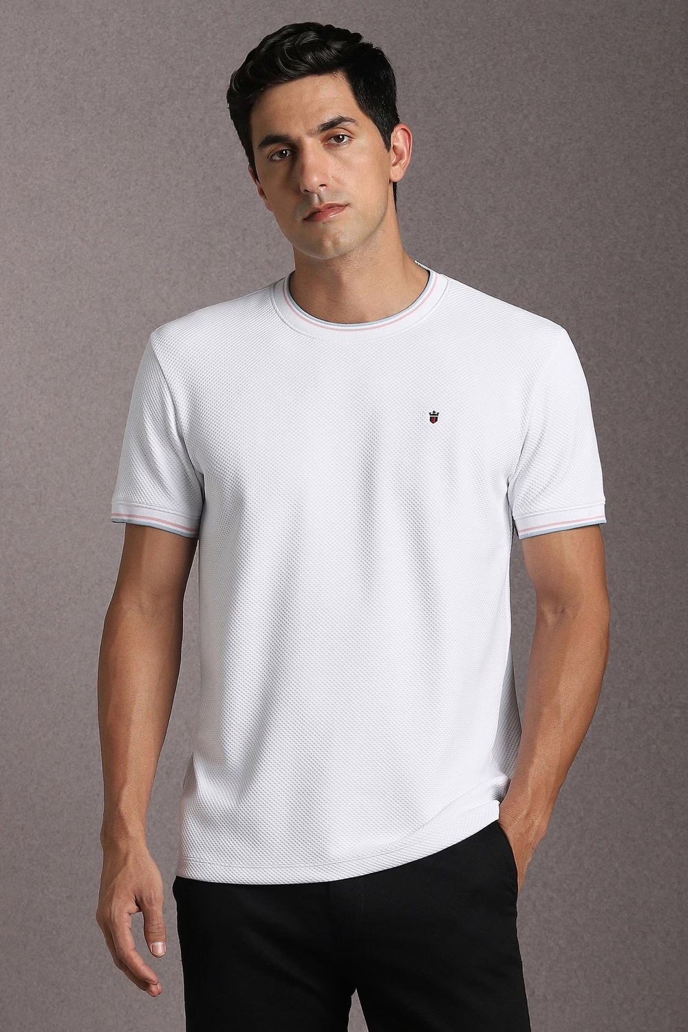 Men White Textured Crew Neck T-shirt-White