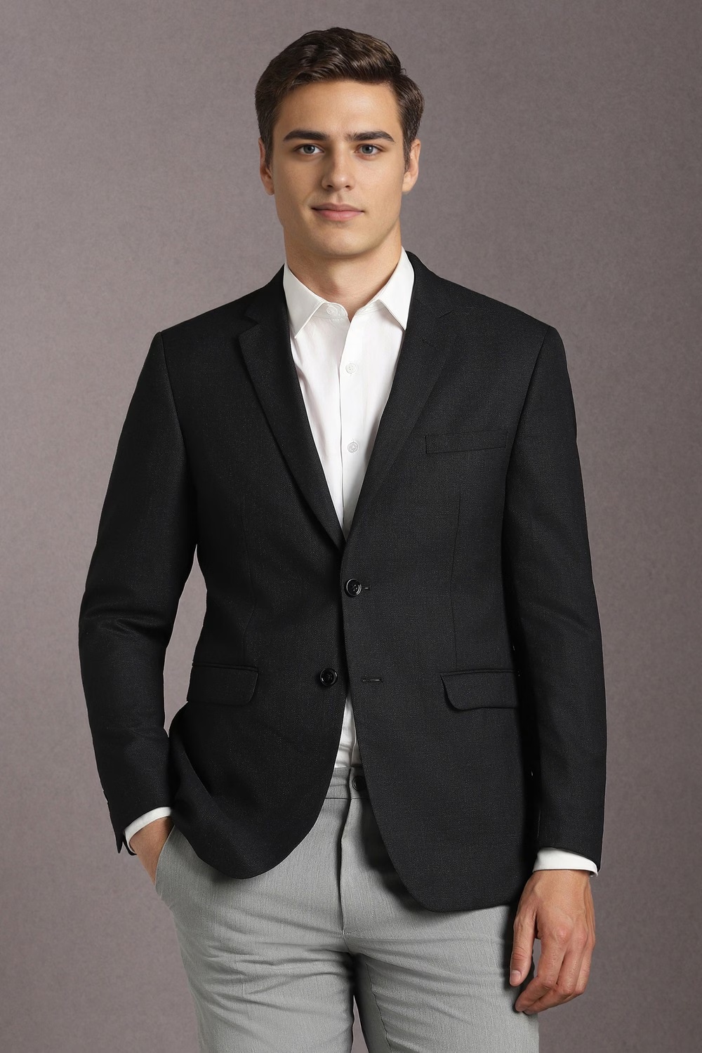 Men Black Textured Formal Blazer-Black