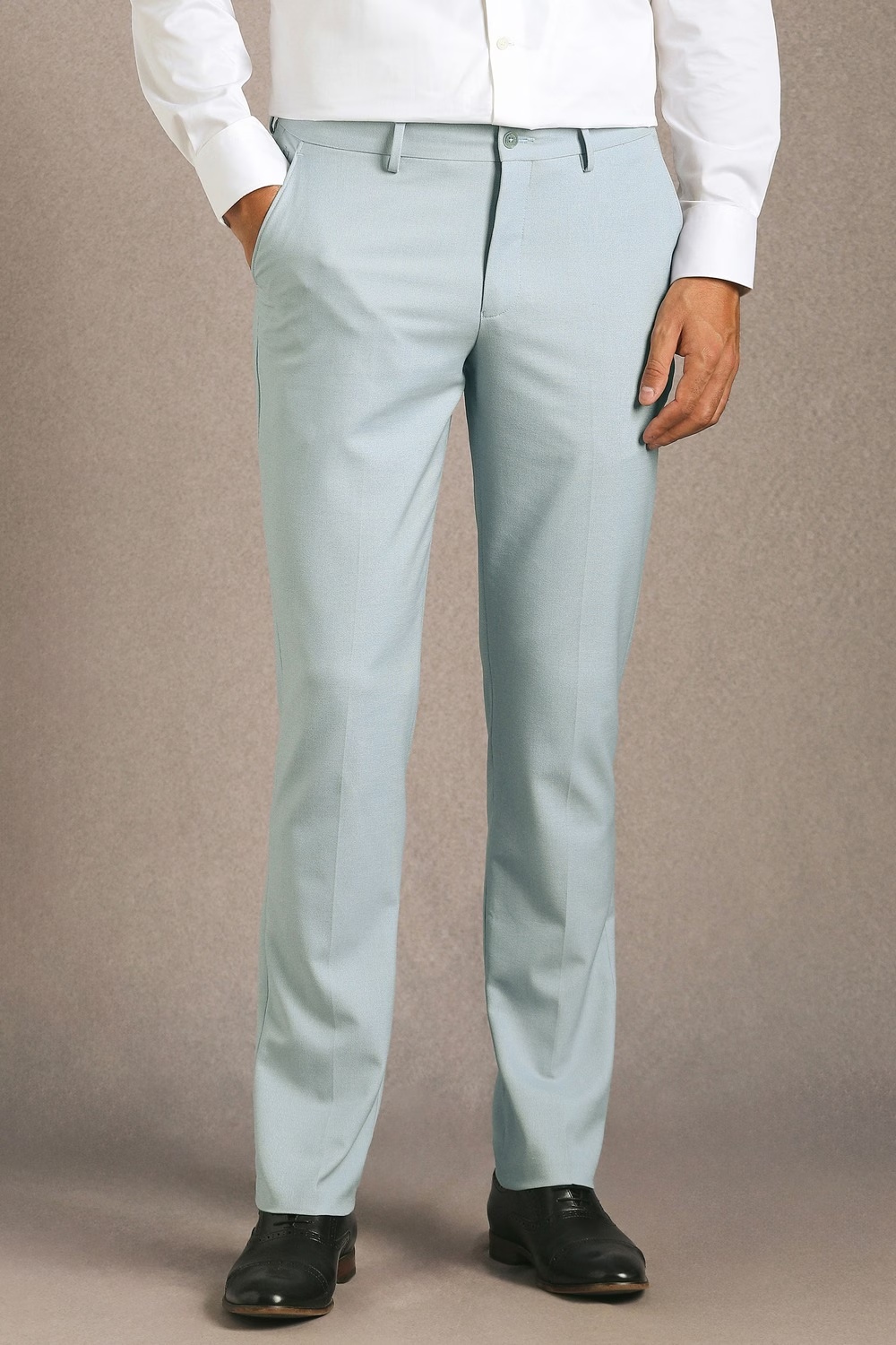 Men Light Blue Solid Flat Front Formal Trousers-Light Blue