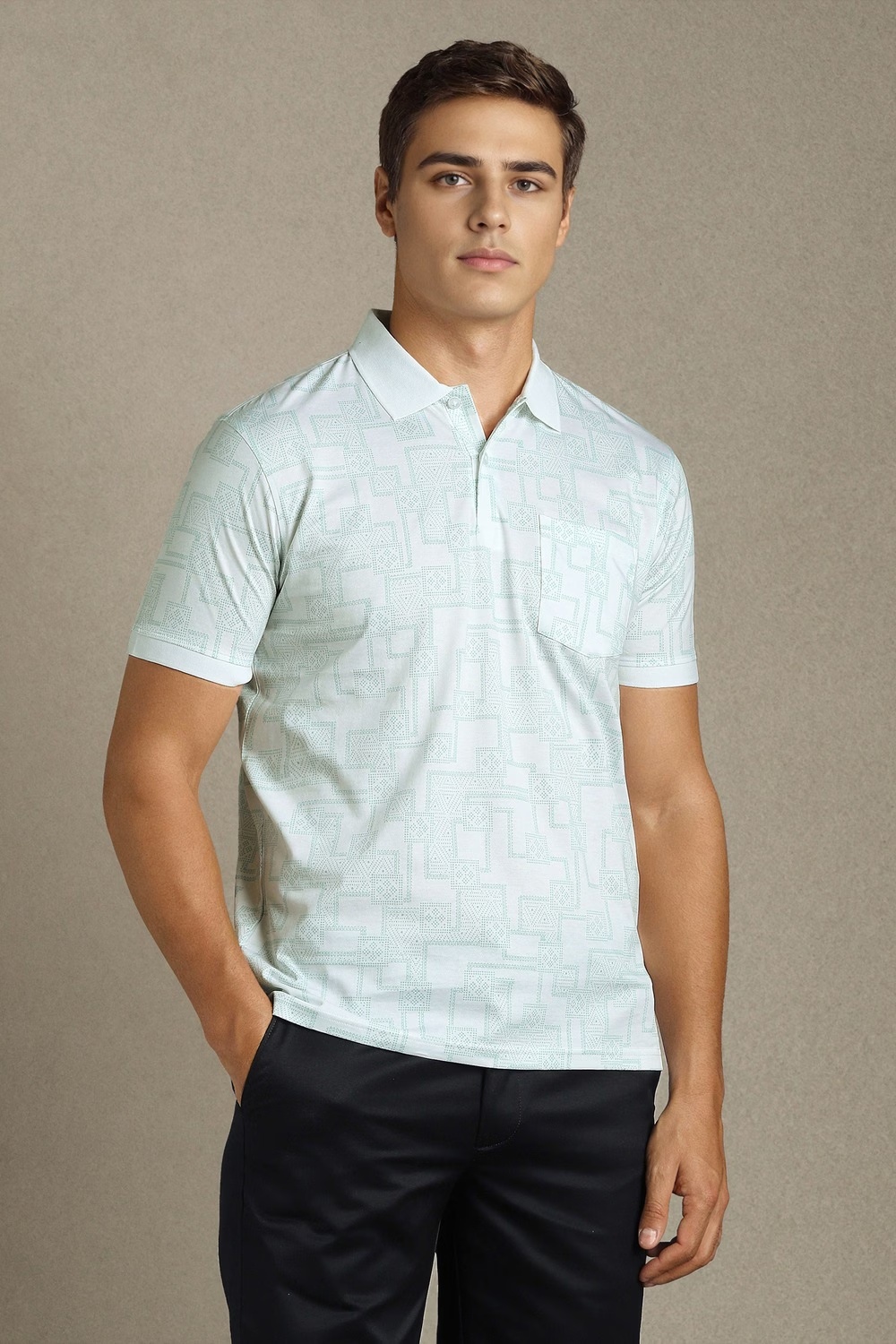 Men White Print Polo Neck T-shirt-White