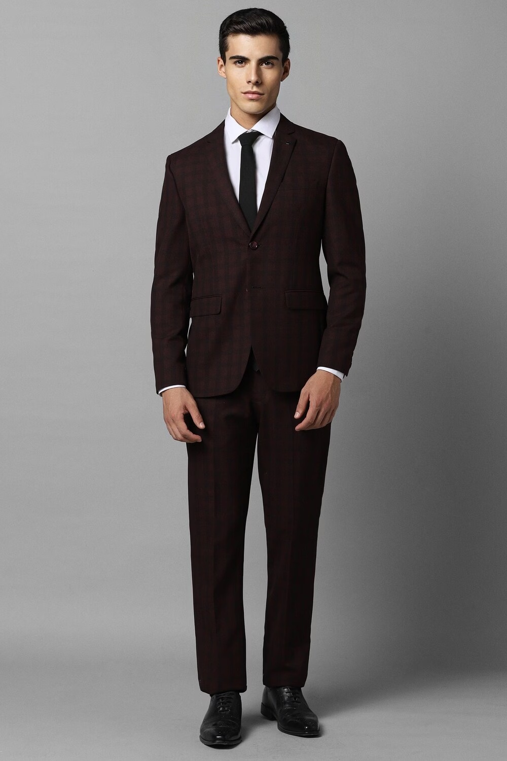 Men Maroon Slim Fit Check Formal Two Piece Suit-Maroon