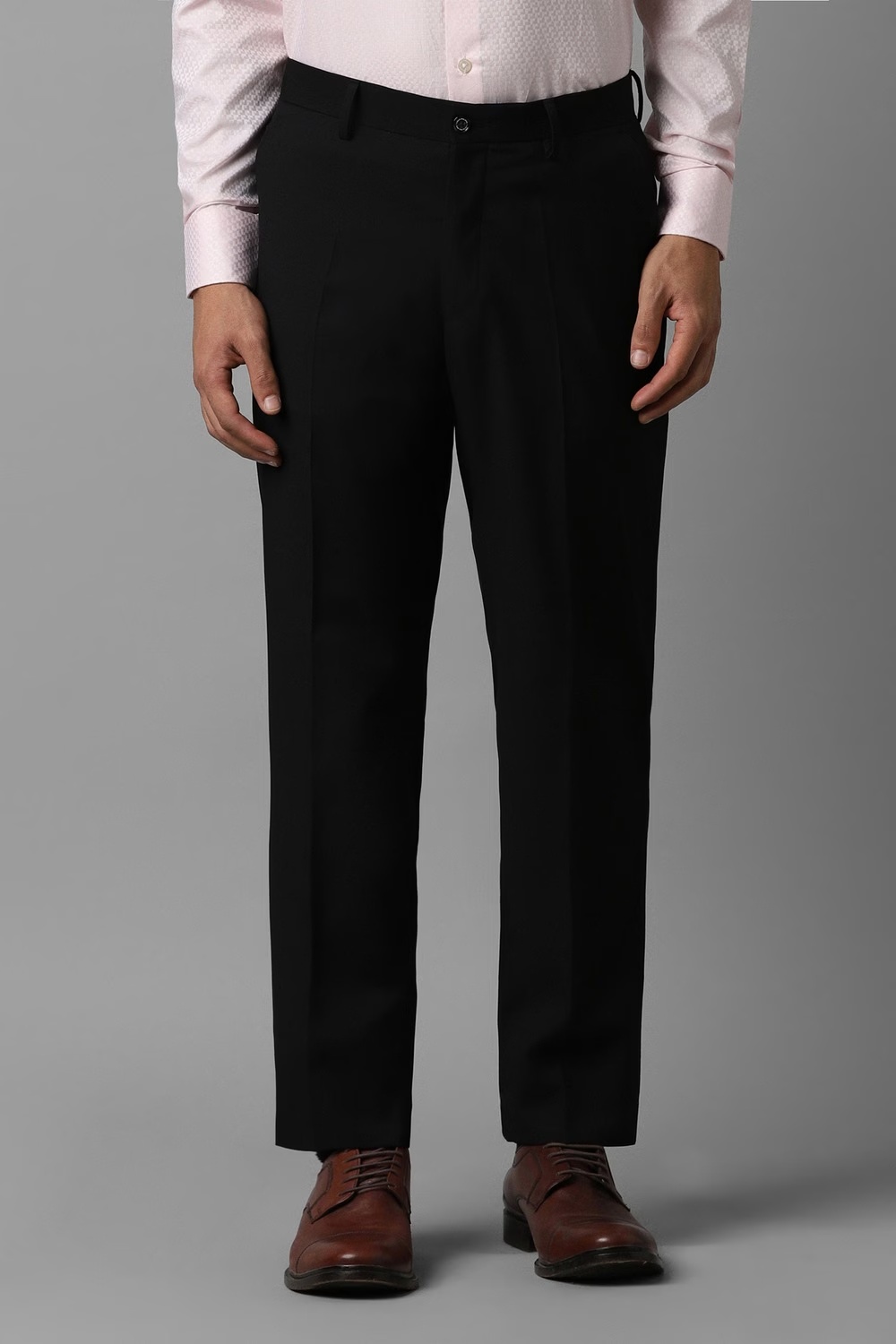 Men Black Slim Fit Solid Flat Front Formal Trousers-Black