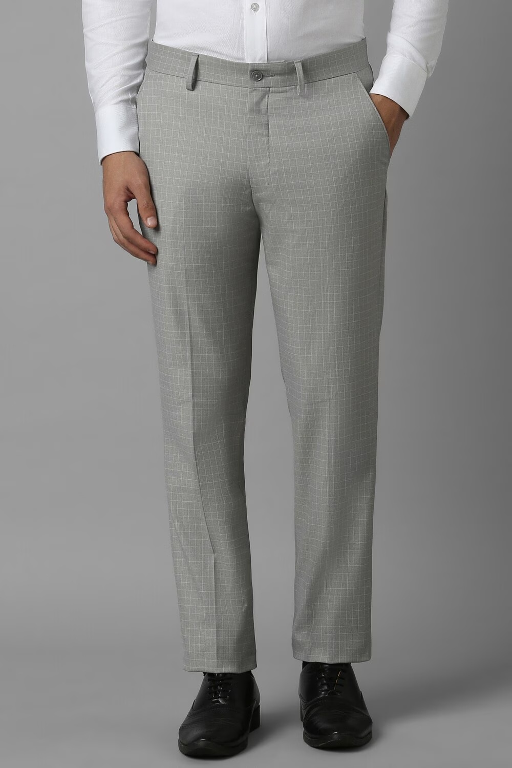 Men Grey Slim Fit Check Flat Front Formal Trousers-Grey