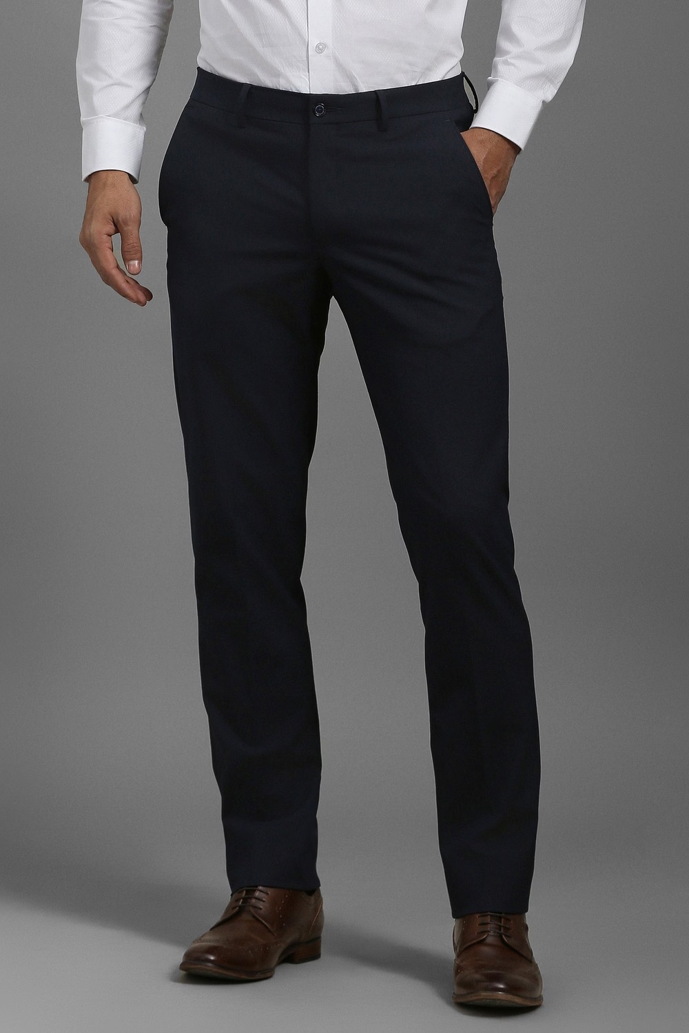 Men Black Slim Fit Solid Flat Front Formal Trousers-Black