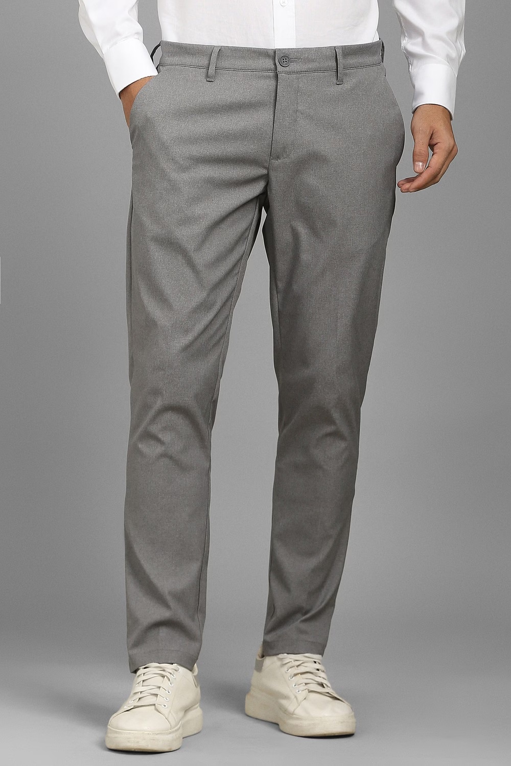 Men Grey Textured Flat Front Casual Trousers-Grey