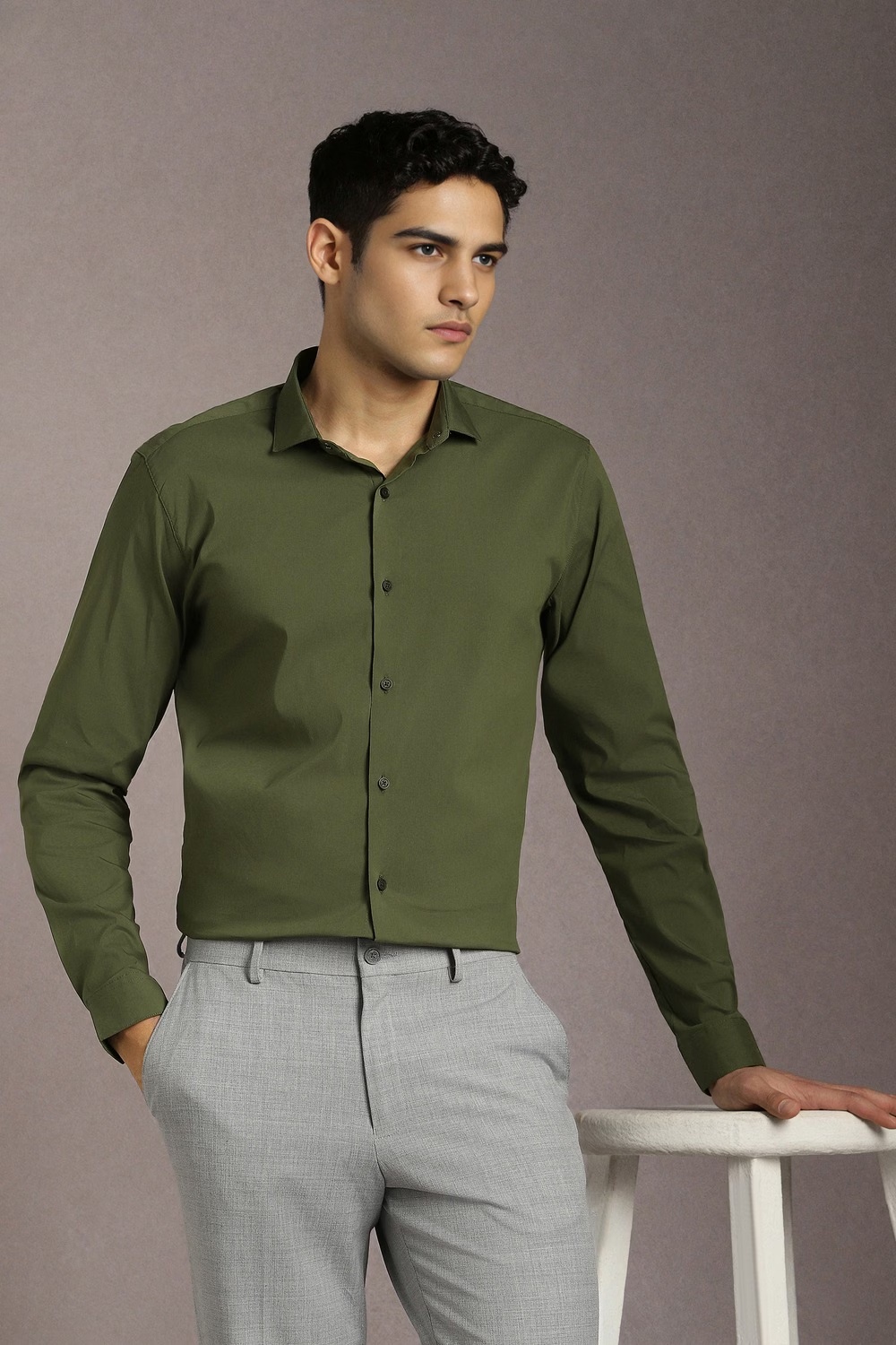 Men Olive Solid Full Sleeves Casual Shirt-Olive