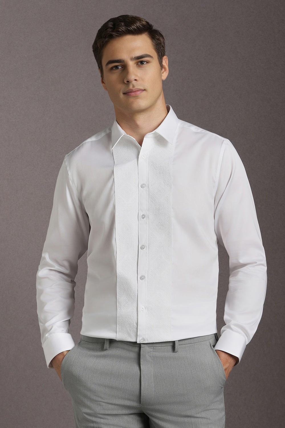 Men White Embroidered Full Sleeves Formal Shirt-White
