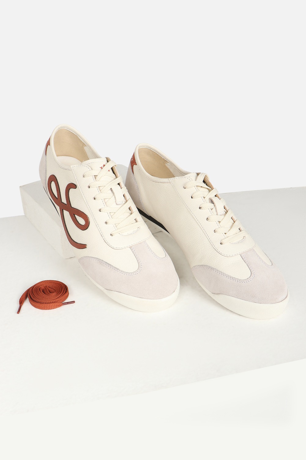 Men Cream Leather Sneakers with Signature Branding-Cream