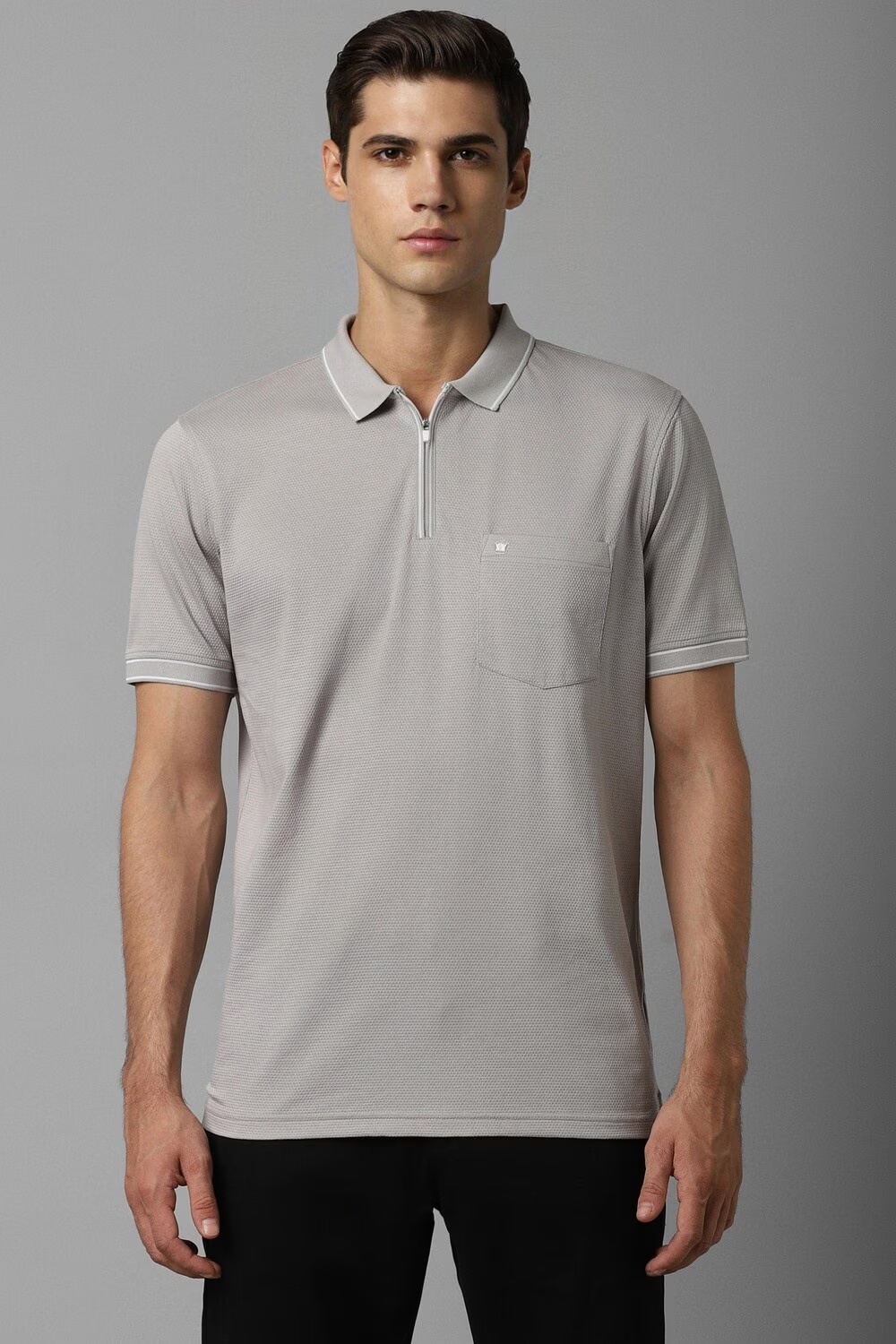 Men Grey Textured Polo Neck T-shirt-Grey