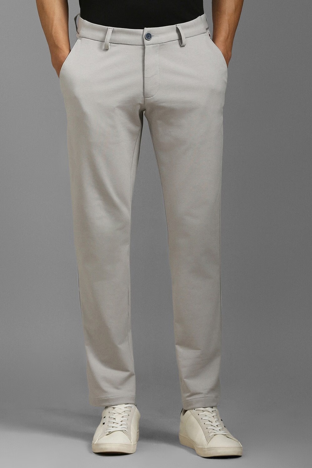 Men Grey Contemporary Fit Solid Flat Front Casual Trousers-Grey