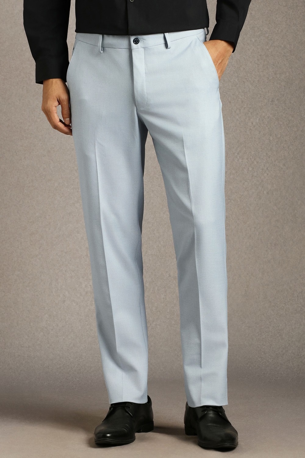 Men Light Blue Textured Flat Front Formal Trousers-Light Blue