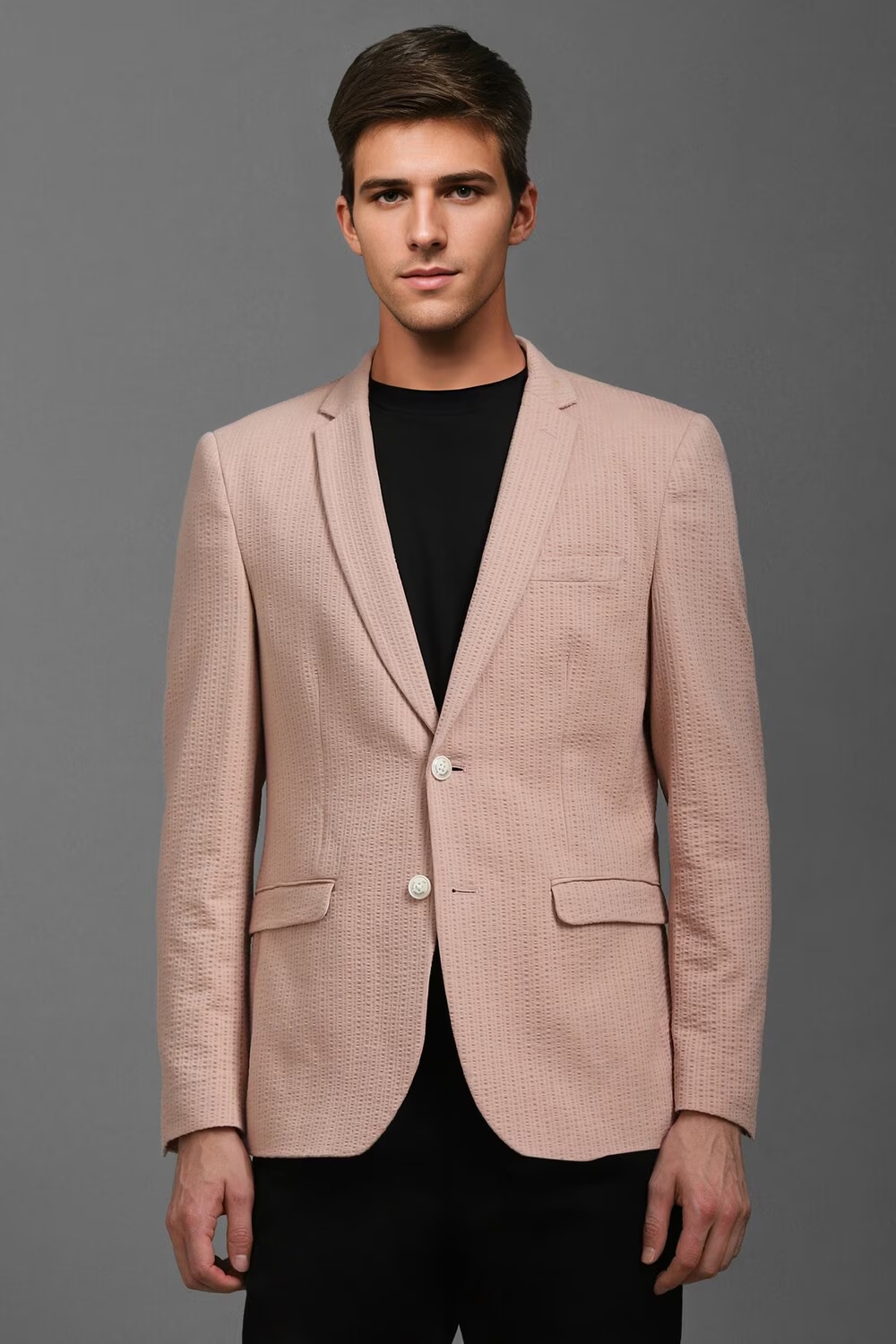 Men Peach Super Slim Fit Textured Casual Blazer-Peach