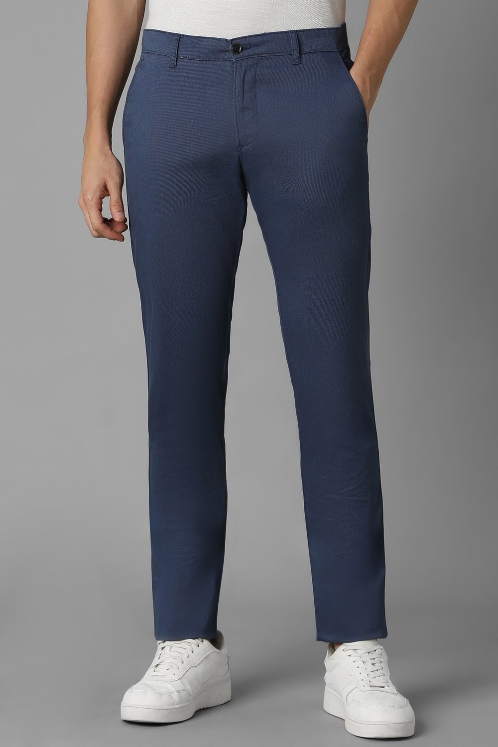 Men Blue Super Slim Fit Textured Flat Front Casual Trousers-Blue