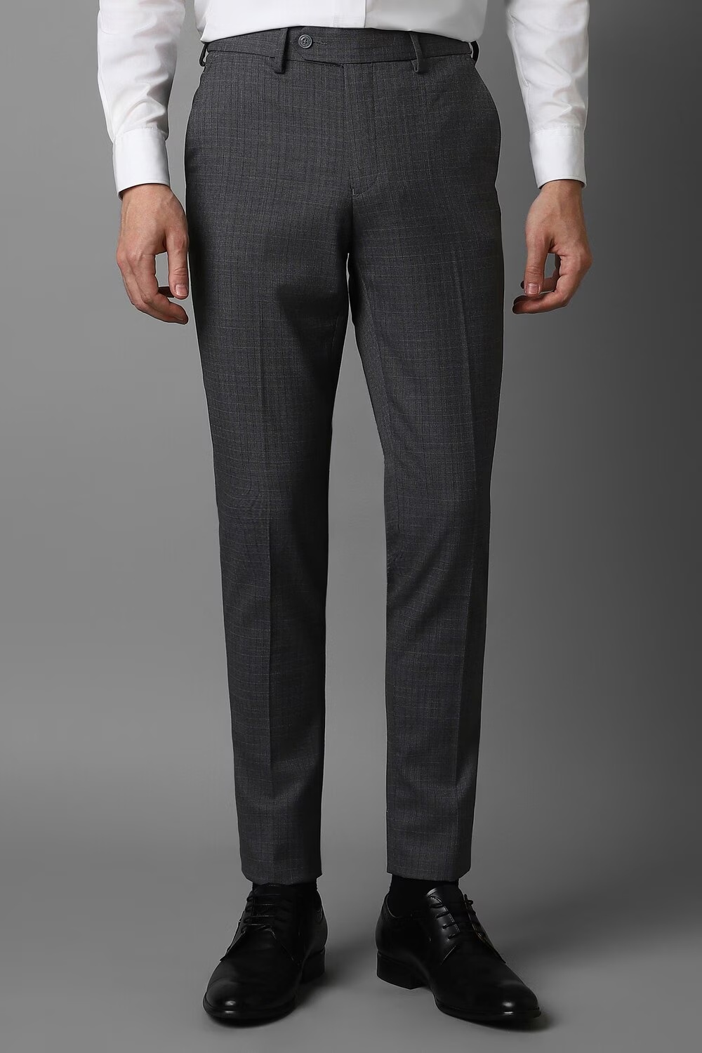 Men Grey Slim Fit Check Flat Front Formal Trousers-Grey