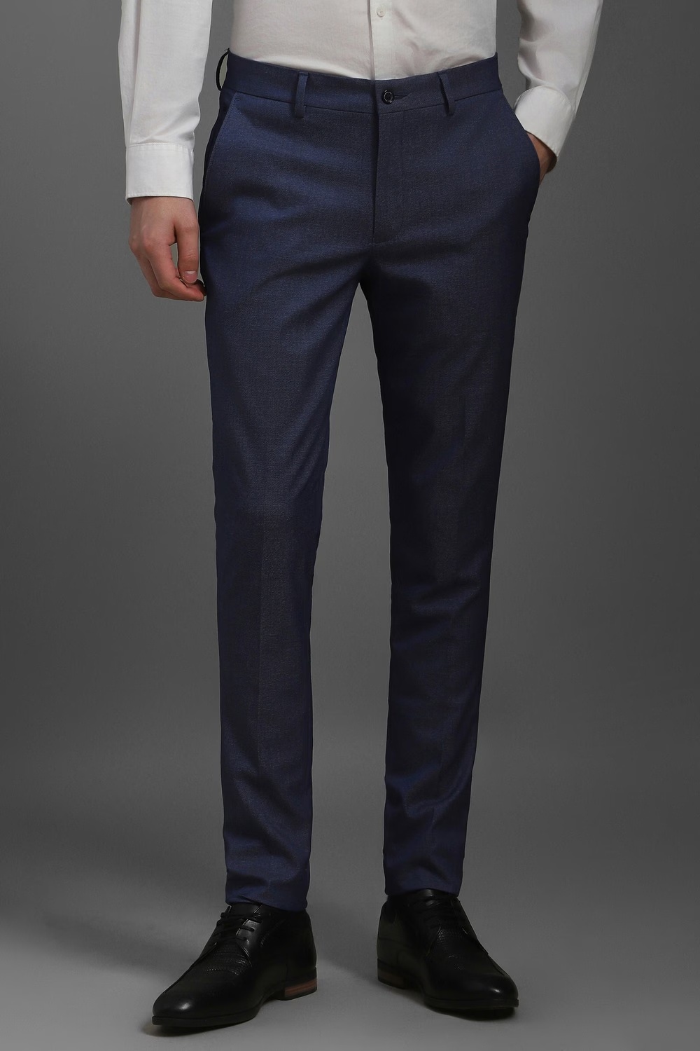 Men Navy Slim Fit Textured Flat Front Formal Trousers-Navy