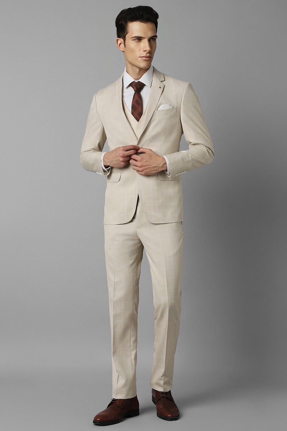 Men Beige Slim Fit Check Formal Three Piece Suit-Beige