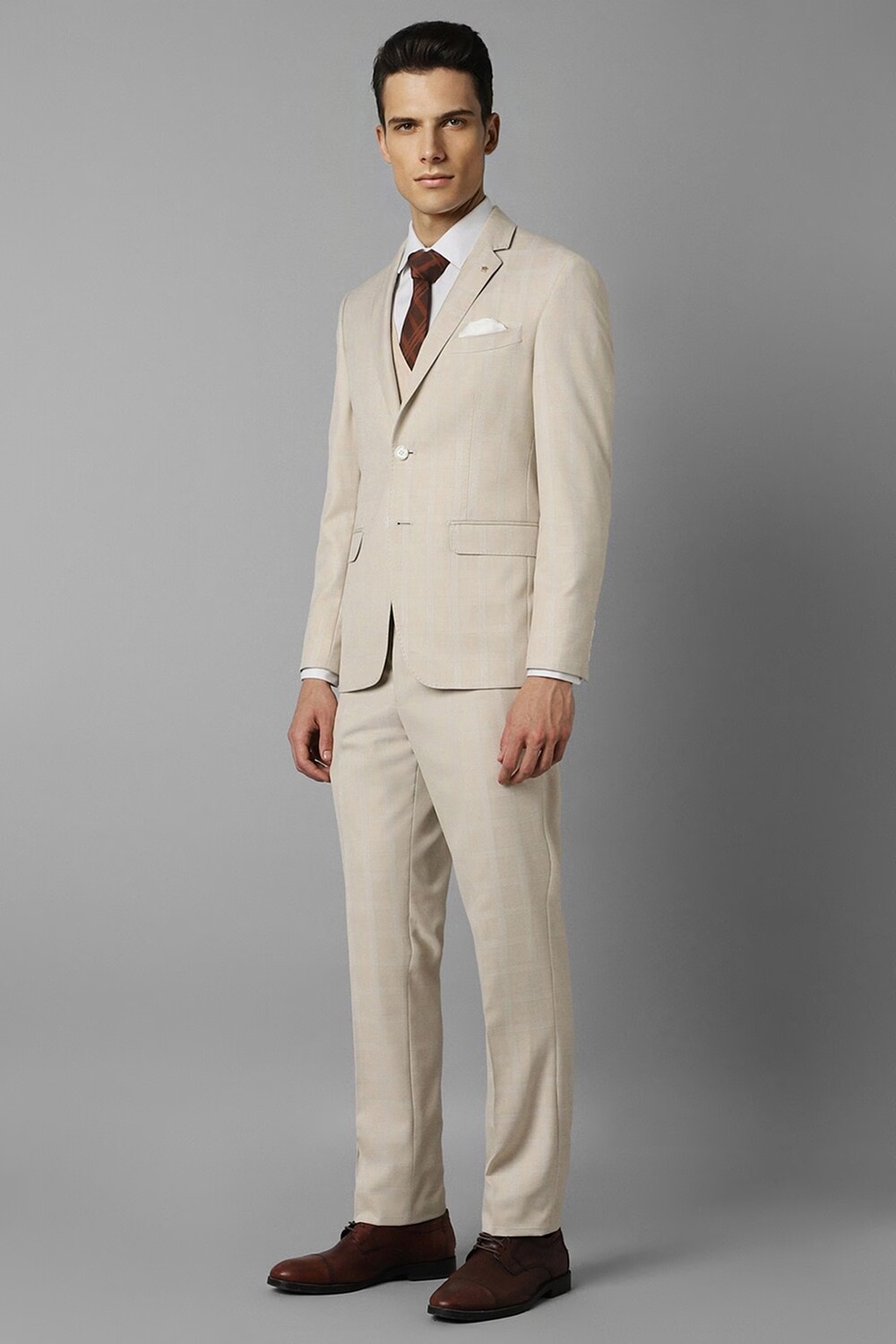 Men Beige Slim Fit Check Formal Three Piece Suit-Beige