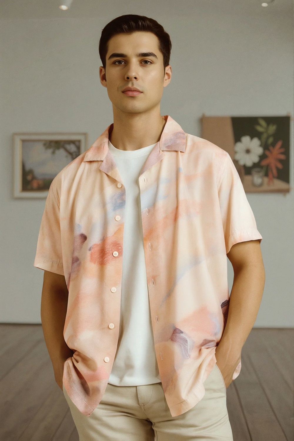 Men Beige Slim Fit Print Half Sleeves Casual Shirt-Beige