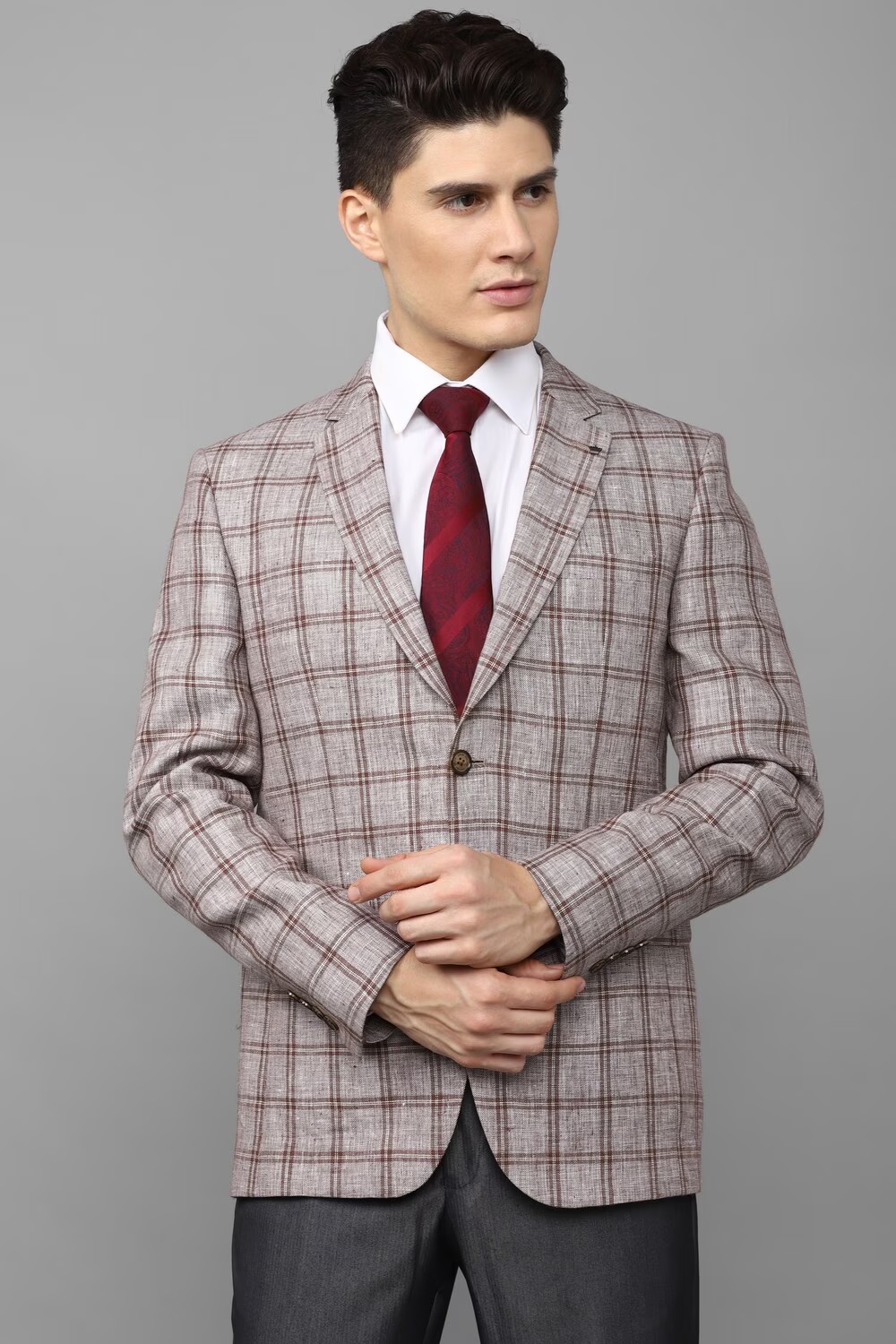 Men Beige Slim Fit Check Formal Blazer-Beige