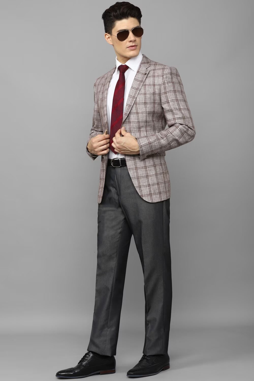 Men Beige Slim Fit Check Formal Blazer-Beige