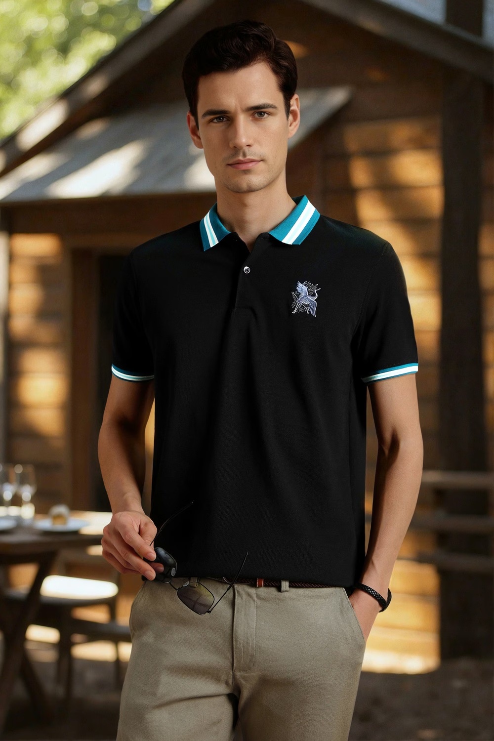 Men Black Embroidered Polo Neck T-shirt-Black