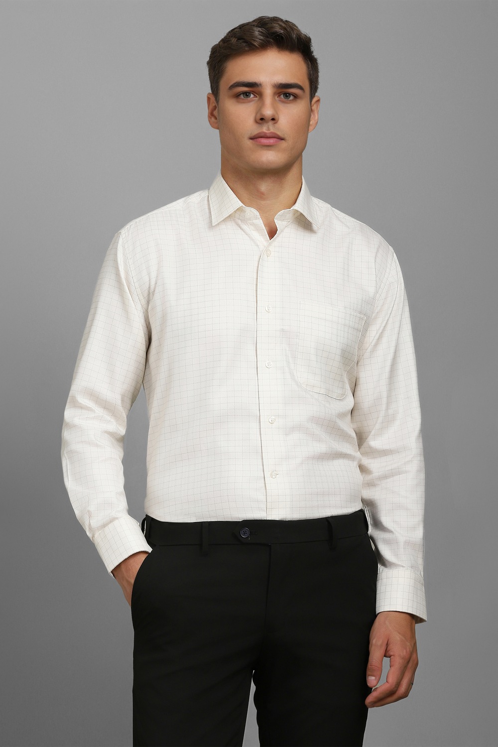 Men White Classic Fit Check Full Sleeves Formal Shirt-White