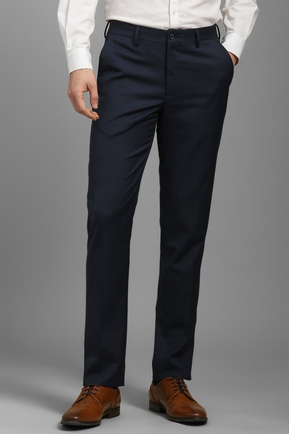 Men Navy Slim Fit Check Flat Front Formal Trousers-Navy