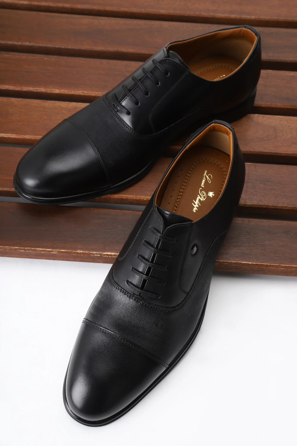 Men Cap Toe Oxford Leather Black Lace Up Shoes-Black