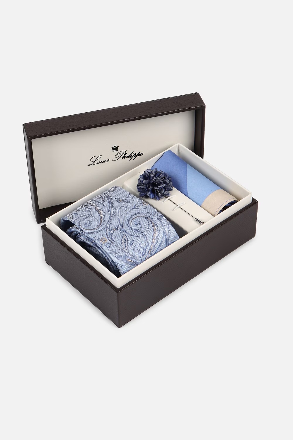 Men Light Blue Embroidered Tie Pocket Square And Lapel Pin-Light Blue