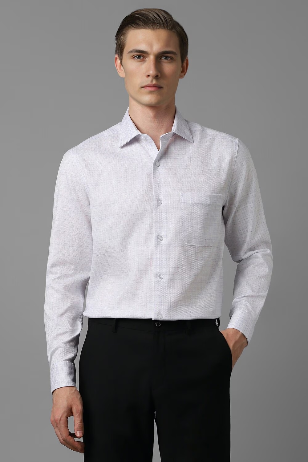 Men Grey Classic Fit Check Full Sleeves Formal Shirt-Grey