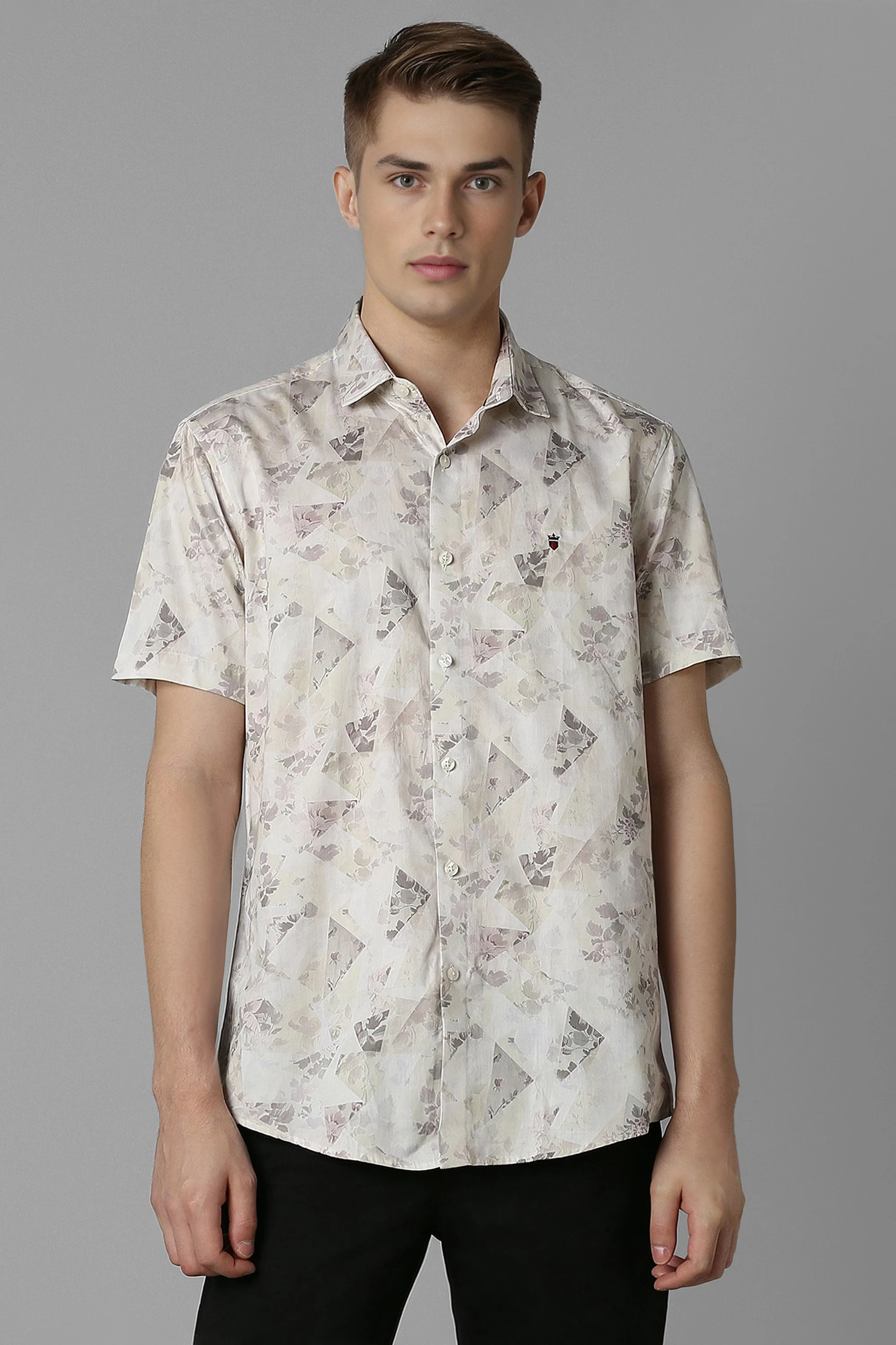 Men Grey Slim Fit Print Half Sleeves Casual Shirt-Grey