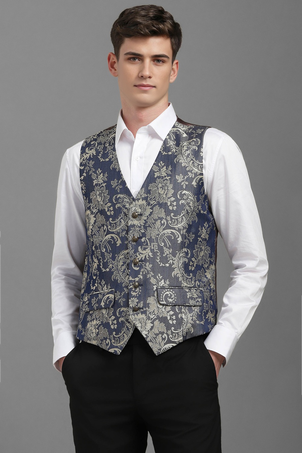 Men Blue Slim Fit Print Formal Waistcoat-Blue