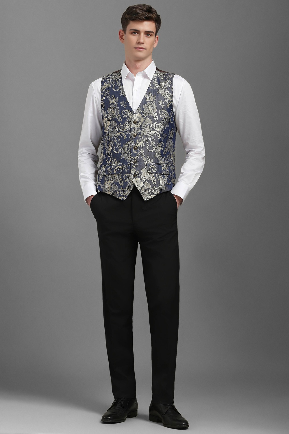 Men Blue Slim Fit Print Formal Waistcoat-Blue