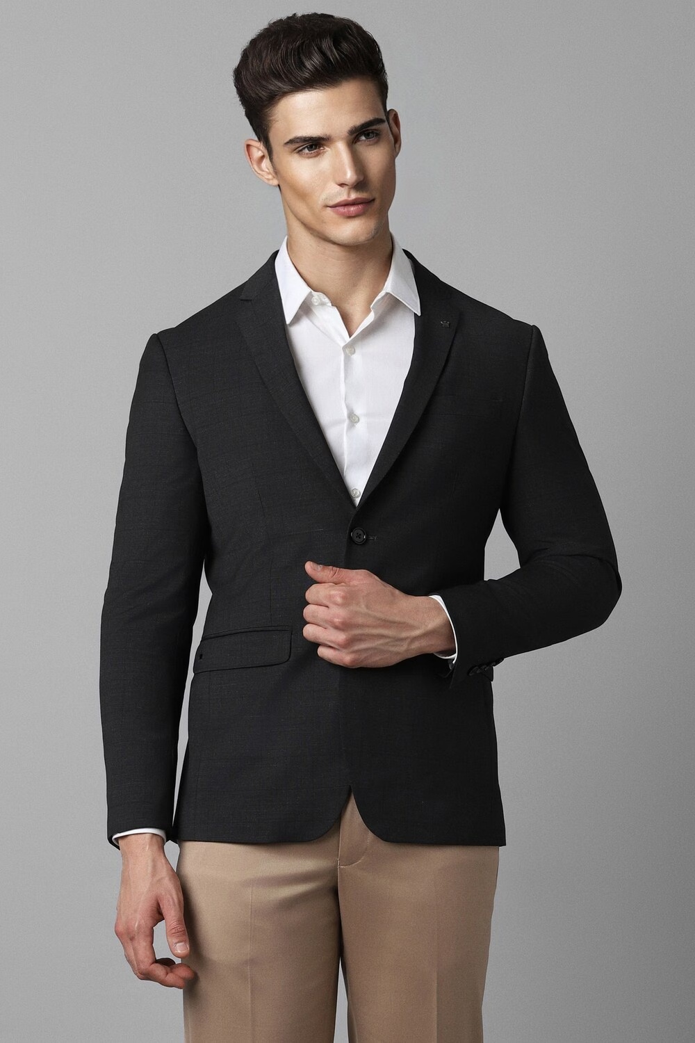 Men Black Slim Fit Check Formal Blazer-Black
