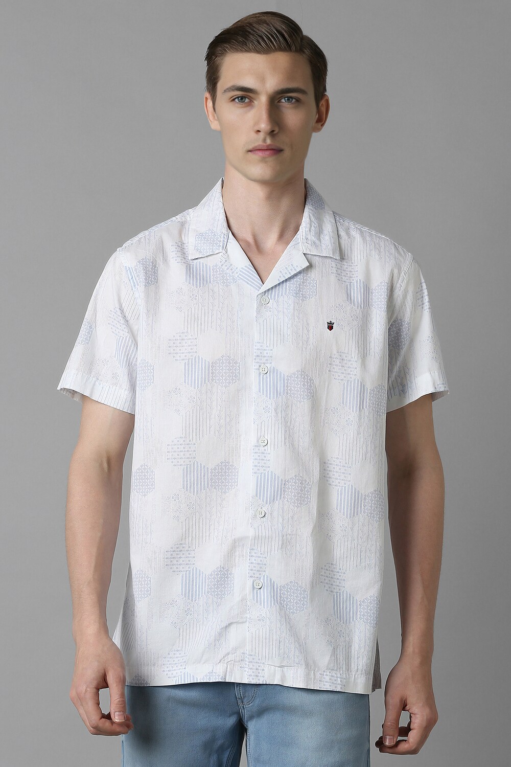 Men White Slim Fit Print Half Sleeves Casual Shirt-White